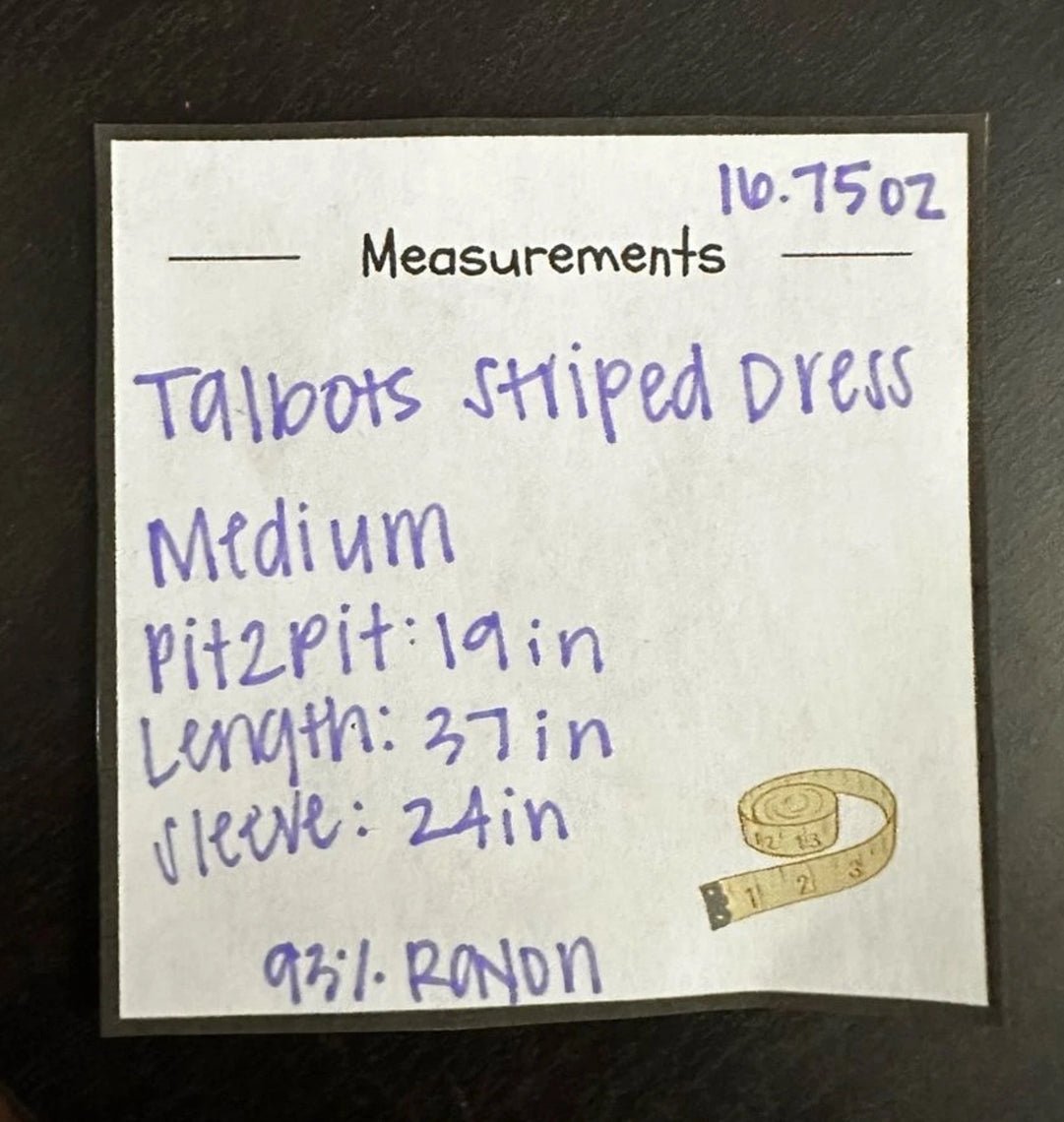 #111 Talbots Blue Striped Dress Pockets DrawString sz Medium