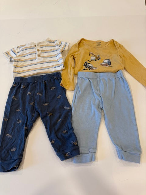 #9 -  Pekkle -  Yellow Longsleeve Construction onesie and striped shortsleeve onesie with light blue and dark blue construction print pants boys SIZE  18M