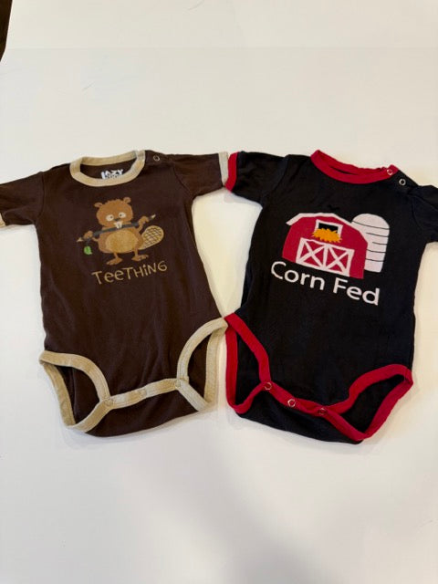 #9 -  Lazy One -  Brown Beever Teething and Brown Corn Fed Barn Onesies Boys SIZE  18M