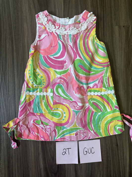 #77 - 2T GUC Lilly Pulitzer Pink/Green Dress (slight discoloration on neck)