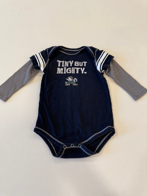 #9 -  Notre Dame -  Tiny But Mighty Navy Onesie with Built in Grey Waffle Longsleeve Toddler SIZE  18M REDUCED