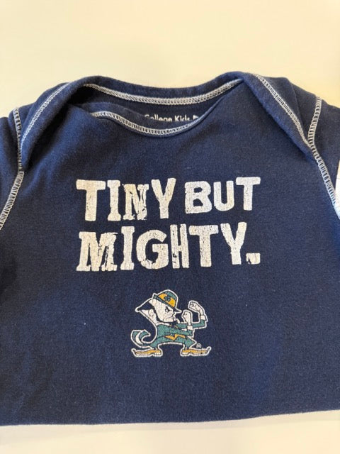 #9 -  Notre Dame -  Tiny But Mighty Navy Onesie with Built in Grey Waffle Longsleeve Toddler SIZE  18M REDUCED