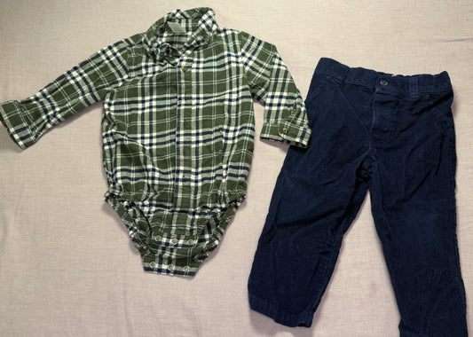 #103 18m Navy Courderoy Pants/Green Plaid Onesie