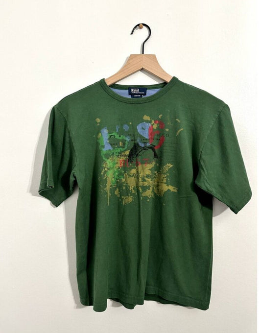 #111 Polo Ralph Lauren Boys Vintage Paint Splatter Fish Print Green T-Shirt MED
