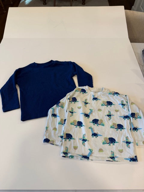 #9 -  M&S  -  Royal Blue Waffle and White Dino Print Long Sleeve Shirts Toddler Boys SIZE  18-24M EUC