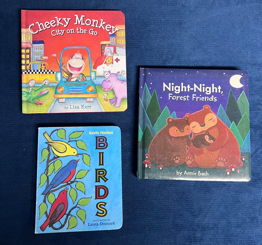 #66 Animal-themed board books for baby/toddlers: Birds, Cheeky Monkey on the Go, and Night-Night Forrest Friends