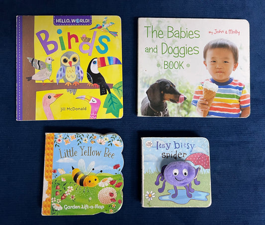 Animal Board Books (VGUC/GUC): Birds, The Babies & Doggies Book, Little Yellow Bee (Lift the Flap), Itsy Bitsy Spider (puppet book)