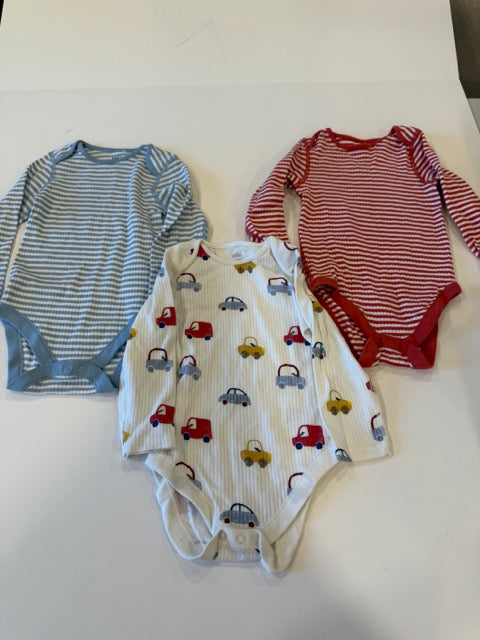 #9 -  M&S  -  3 Long Sleeve Onesies - Red stripe, Blue Stripe & Car pattern Toddler Boys SIZE  18-24M EUC