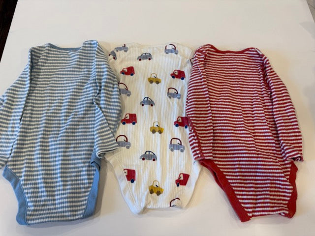 #9 -  M&S  -  3 Long Sleeve Onesies - Red stripe, Blue Stripe & Car pattern Toddler Boys SIZE  18-24M EUC