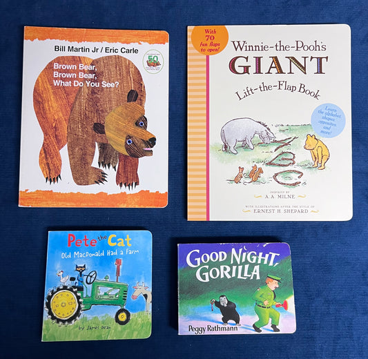 #66 Board Book bundle for baby/toddlers: large-size Brown Brown, Brown Bear, Giant Winnie the Pooh Lift the Flap, Pete the Cat’s Old McDonald Had a Farm, and Goodnight Gorilla