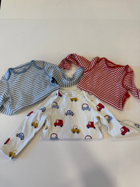 #9 -  M&S  -  3 Long Sleeve Onesies - Red stripe, Blue Stripe & Car pattern Toddler Boys SIZE  18-24M EUC
