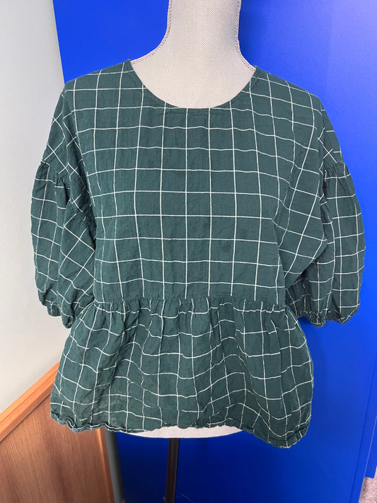 A New Day women’s peplum top with puff sleeves, deep teal with windowpane pattern & keyhole back. XL