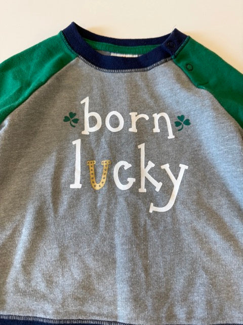 #9 -  Cat & Jack -  Born Lucky Sweatshirt Grey with Green Arms Toddler SIZE  18M REDUCED