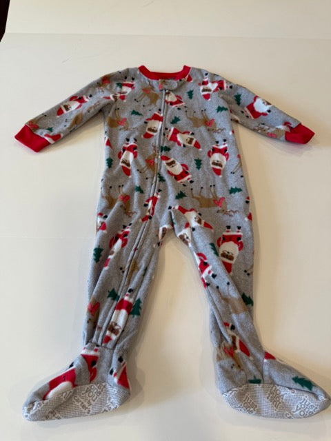 #9 -  Carters -  Christmas Footie PJs - Red/Grey Striped with Santa & Raindeer Feet & Santa/Raindeer Print Toddler SIZE  18M REDUCED