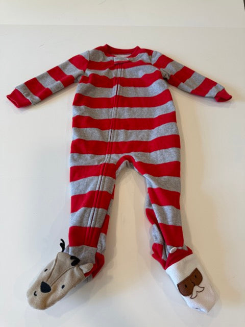 #9 -  Carters -  Christmas Footie PJs - Red/Grey Striped with Santa & Raindeer Feet & Santa/Raindeer Print Toddler SIZE  18M REDUCED