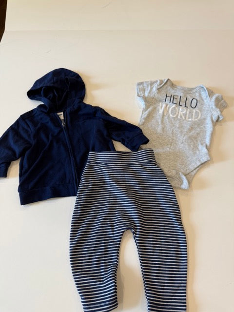 #9 -  Old Navy -  Hello World Grey Onesie with Navy Striped Pants & Navy Full Zip Hoodie Infant's SIZE  3-6M