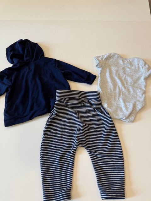 #9 -  Old Navy -  Hello World Grey Onesie with Navy Striped Pants & Navy Full Zip Hoodie Infant's SIZE  3-6M
