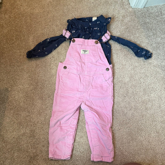 #139 18M Oshkosh Pink Coveralls with log sleeve collar navy blue shirt