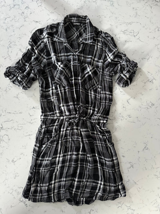 Express Lightweight Button Up Dress, Black / White Plaid, Women's Medium