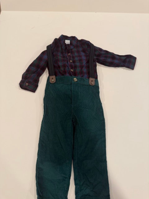 #9 -  Carters -  Green Plaid Longsleeve Buttondown with Emrald Curdory Pants & Suspenders  SIZE 12M REDUCED