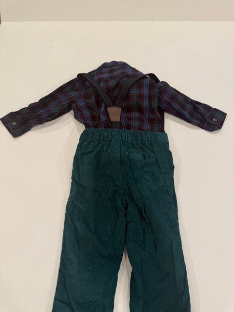 #9 -  Carters -  Green Plaid Longsleeve Buttondown with Emrald Curdory Pants & Suspenders  SIZE 12M REDUCED