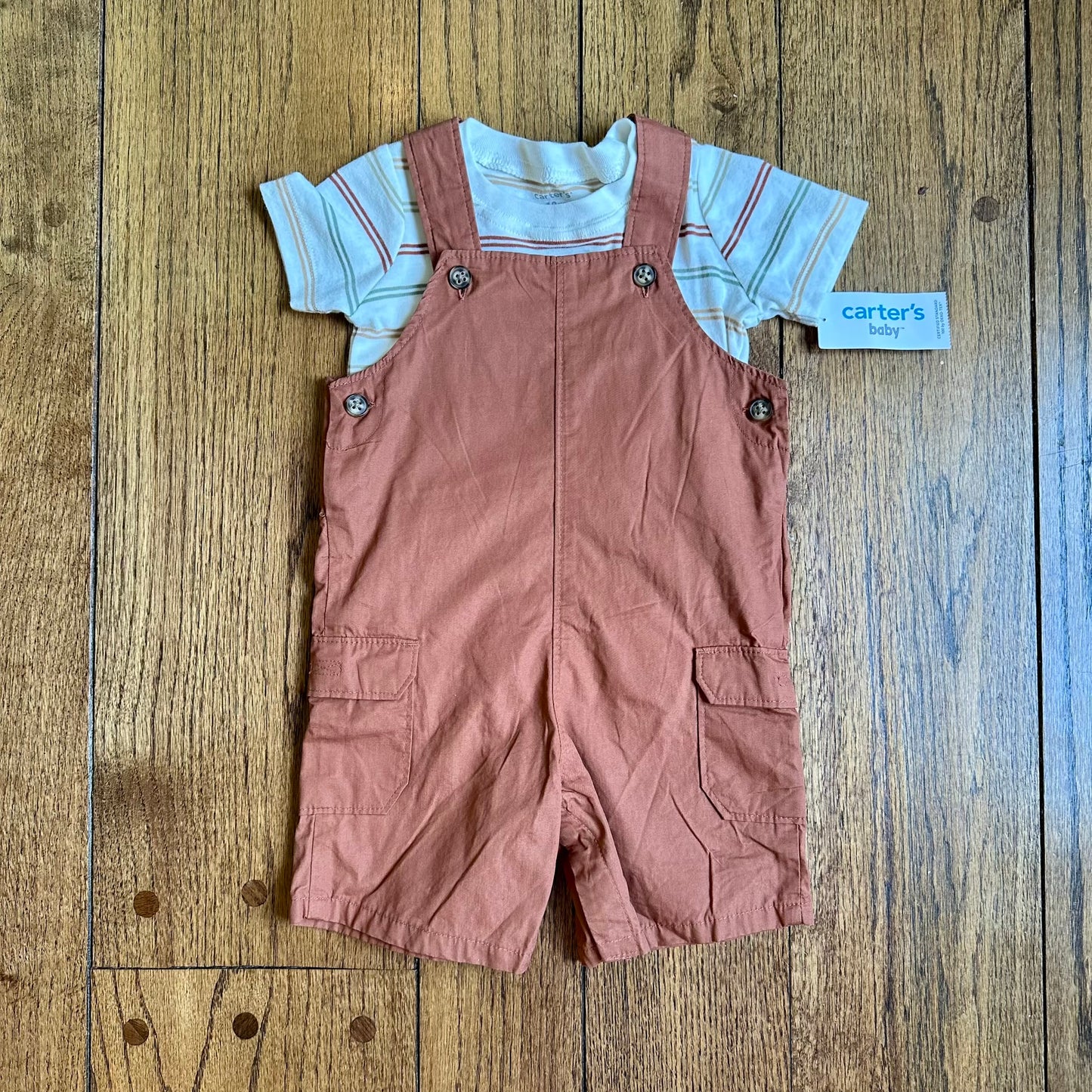 #95 NWT Carters Brown Fall Overalls with Striped Shirt, size 18 months