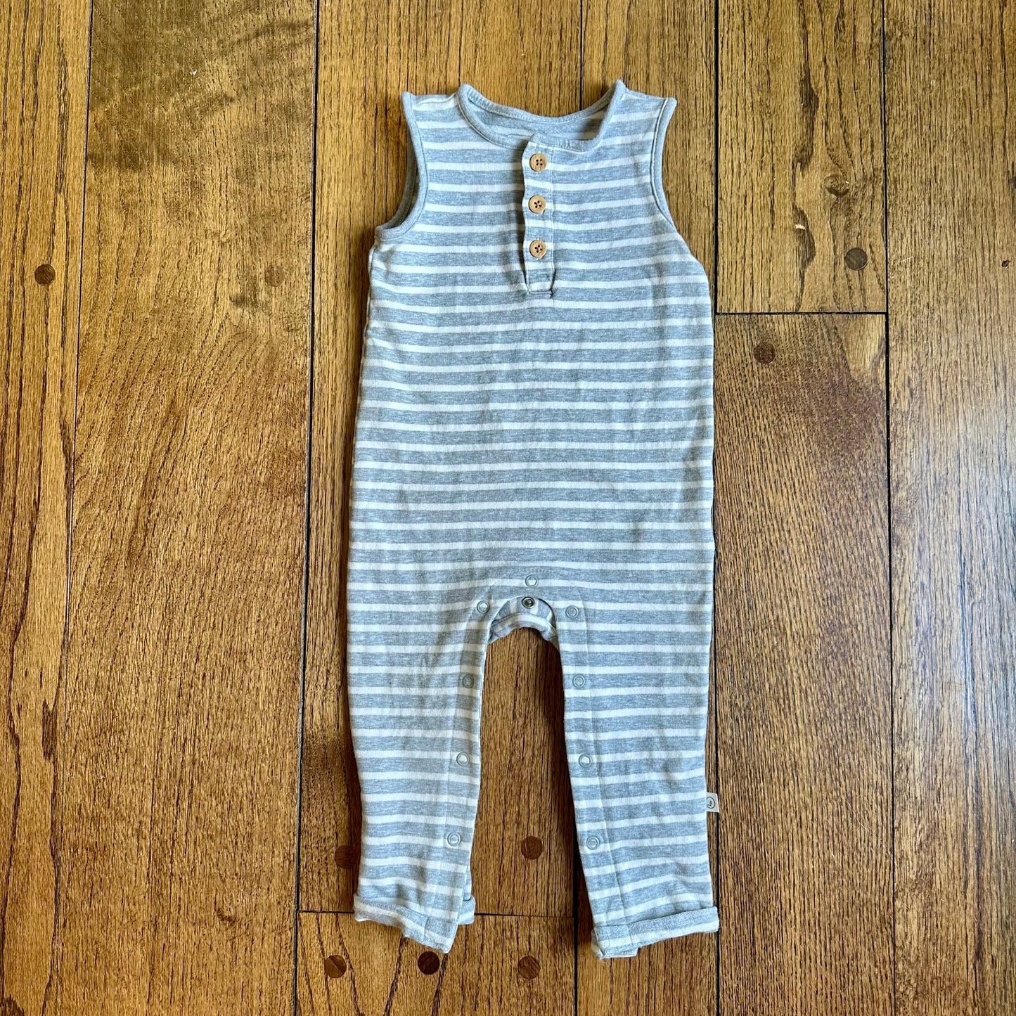 #95 VGUC Boys Little Planet Gray Striped Button Down Tank Romper, size 18 months