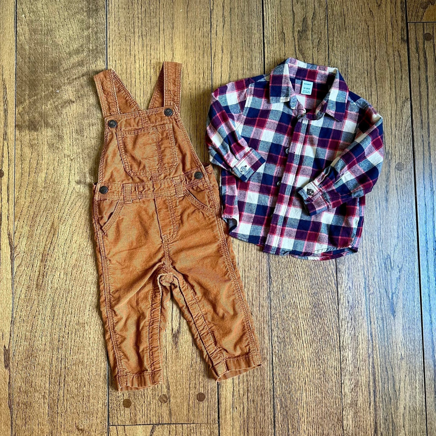 #95 EUC Boys Old Navy Plaid Flannel with Brown Courderoy Overalls, size 12-18 months REDUCED