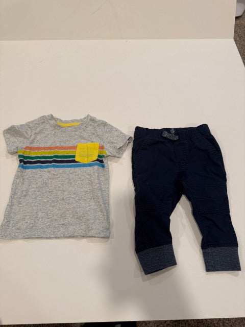 #9 -  Cat & Jack -  Grey T Shirt with colorful Stripes & Navy twill joggers Infant's SIZE  12M