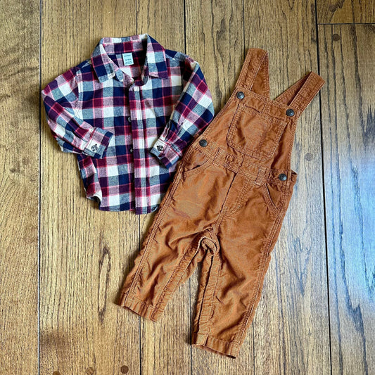 #95 EUC Boys Old Navy Plaid Flannel with Brown Courderoy Overalls, size 12-18 months REDUCED