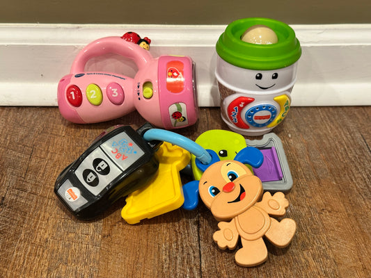 Seller #168 Assorted V-tech + Fisher Price Toys - Key Fob, Flashlight, Coffee cup
