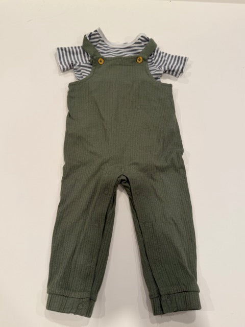 #9 -  Cat & Jack -  Green Overalls with Grey & White Striped Onesie  Infant's SIZE  12M