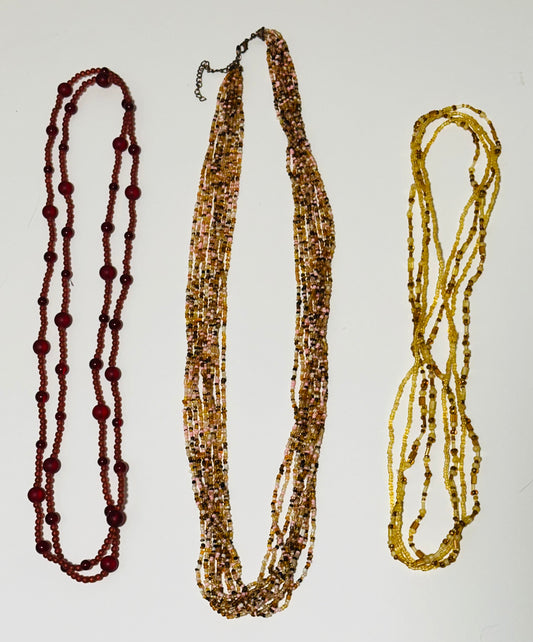 3 Beaded Necklaces - Red, Multistrand, Gold
