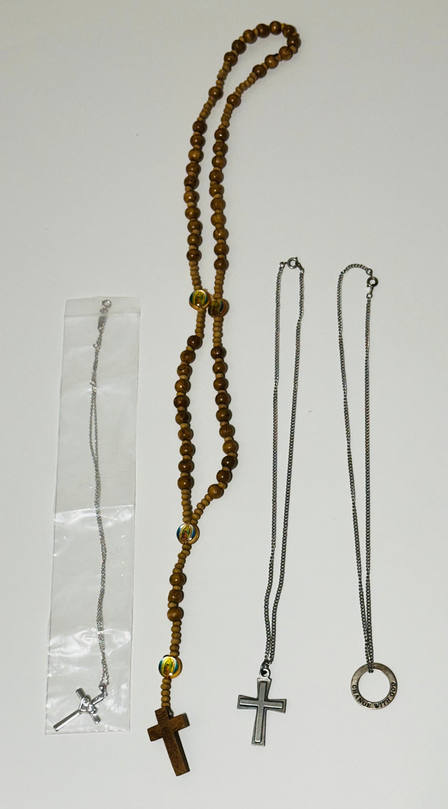2 Cross Necklaces, 1 Wooden Rosary, 1 Necklace 'Change with God'