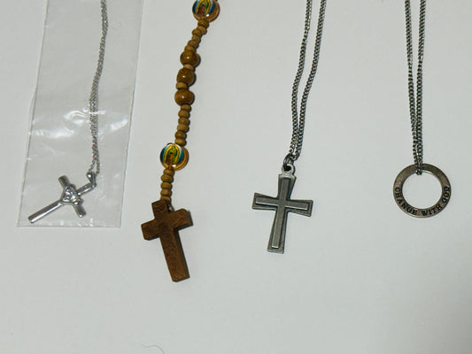 2 Cross Necklaces, 1 Wooden Rosary, 1 Necklace 'Change with God'