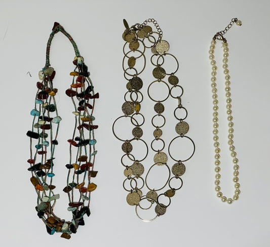 3 Short Necklaces - Multicolor, Gold, and Faux Pearls
