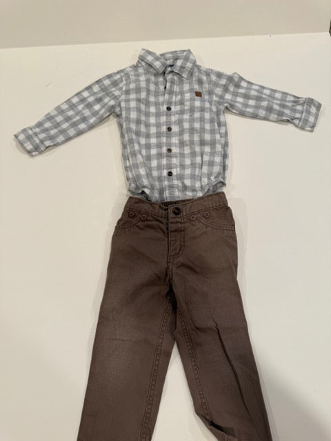 #9 -  Carters -  Grey/White Buffalo Check Button Down Onesie and Brown Pants Infant's SIZE  24M REDUCED
