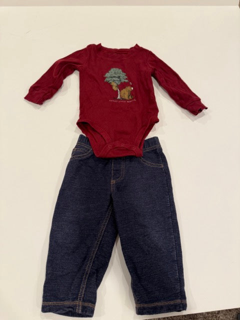 #9 -  Carters -  Cutest Little Brother Bear Burgendy Longsleeve Onesie & jeans (soft) Toddler SIZE  12M REDUCED