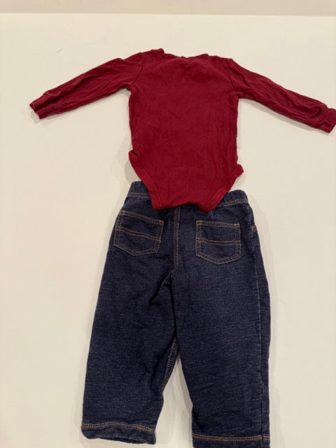 #9 -  Carters -  Cutest Little Brother Bear Burgendy Longsleeve Onesie & jeans (soft) Toddler SIZE  12M REDUCED