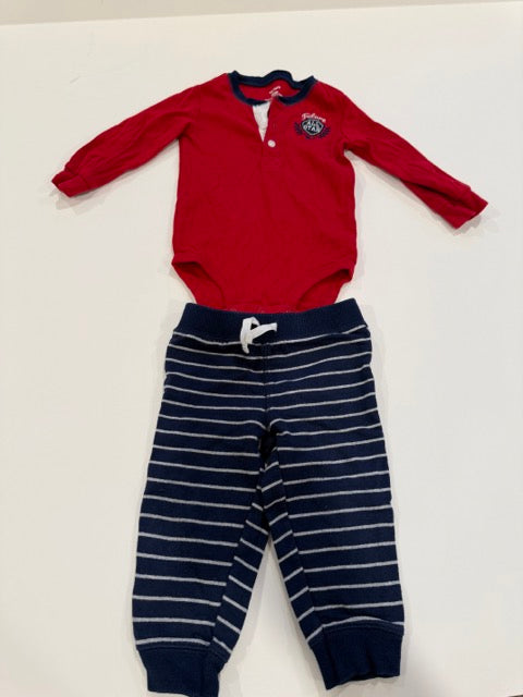 #9 -  Carters -  Red Longsleeve Future All Star Onesie and Navy Striped Pants Toddler SIZE  12M REDUCED