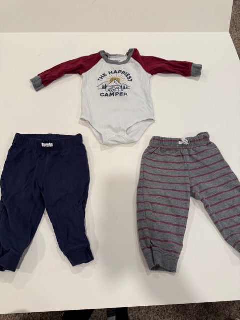 #9 -  Carters -  The Happiest Camper Long Sleeve shirt with 2 Pair Pants (Navy & Red/Grey Stripe) Toddler SIZE  12M REDUCED