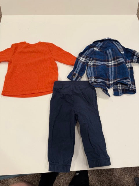 #9 -  Jumping Beans -  Orange Waffle Long Sleeve On a Mission, Blue/White/Orange Plaid Button Down with Navy Pants Toddler SIZE  12M