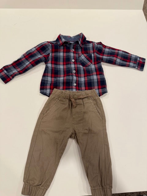 #9 -  Ben Sherman -  Red/Navy Plaid Button Down Shirt with Beige Pants Toddler SIZE  12M REDUCED