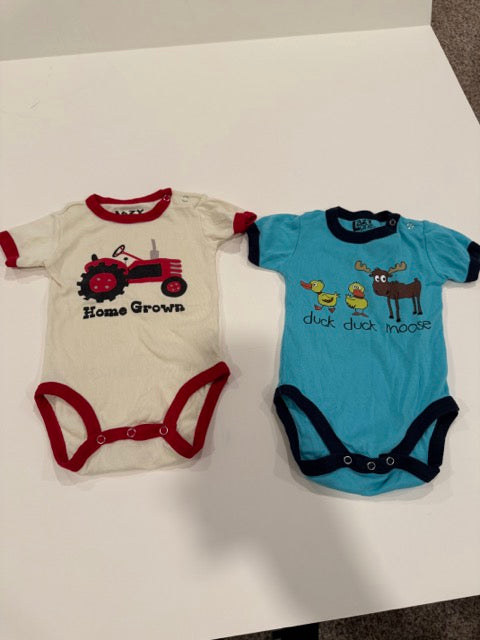 #9 -  Lazy One -  Cream/Red Home Grown Tractor  & Blue Duck Duck Moose Onsies  SIZE  12M