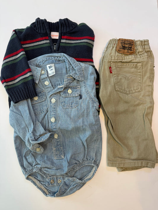 Seller #12 Boys 12mo Levi's pants, Bonoma sweatshirt, byBigosh denim shirt