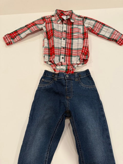 #9 -  Carters -  Red/Green/White Plaid Button Down Onesie and Jeans Toddler SIZE  24M REDUCED