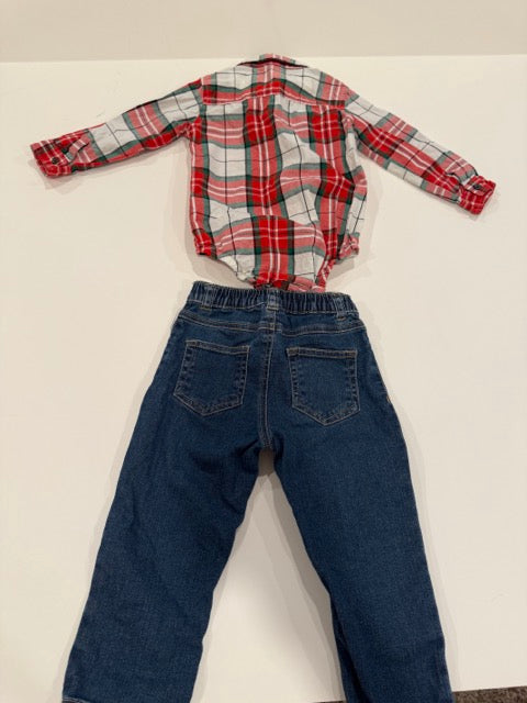 #9 -  Carters -  Red/Green/White Plaid Button Down Onesie and Jeans Toddler SIZE  24M REDUCED