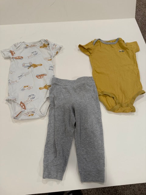#9 -  Carters -  Mustard Car and White Airplane/Car/Helicopter Print Shortsleeve Onesies with Grey Pants Toddler SIZE  24M