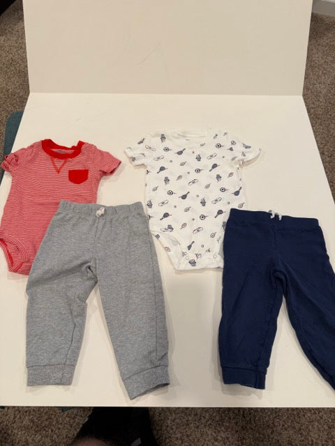 #9 -  Carters -  White Sports Print and Red Stripe Shortsleeve Onesises with Navy & Grey Pants Toddler SIZE  24M