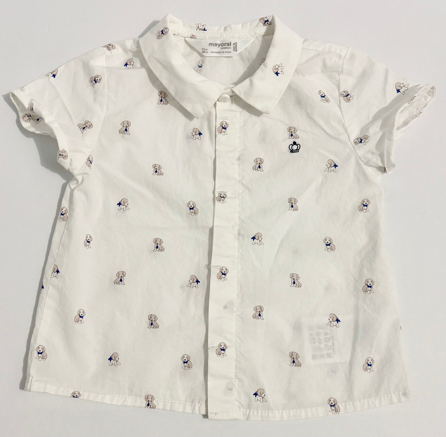 #132 - REDUCED- Mayoral: White Button-down Puppy Shirt, 12M